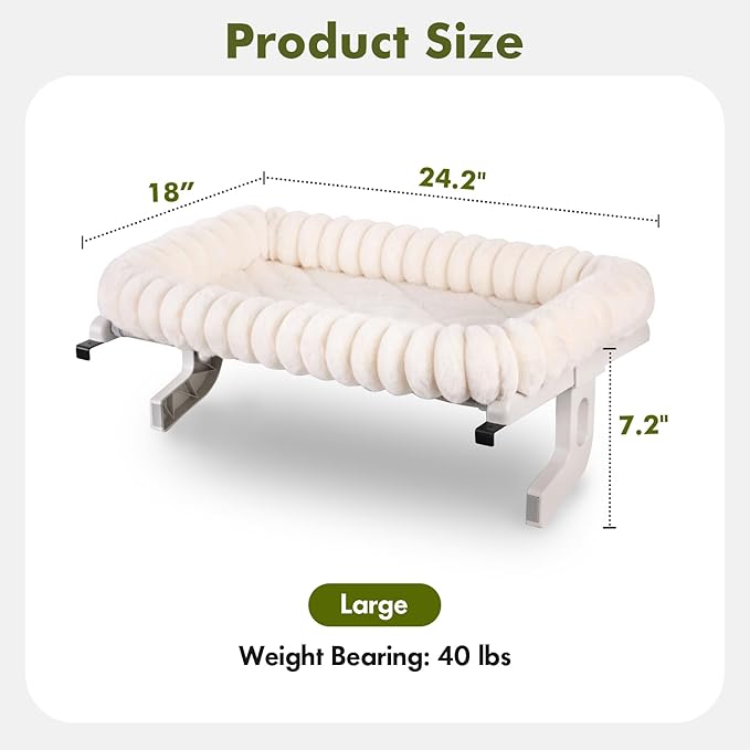 Cloud-Cuddle Cat Window Perch with 4-Sided Bolster, Zipper Design Cushion Window Seat for Window Sill, Sturdy Metal Frame & Easy Assembly Pet Hammock Bed for Indoor Cats (White, Large)