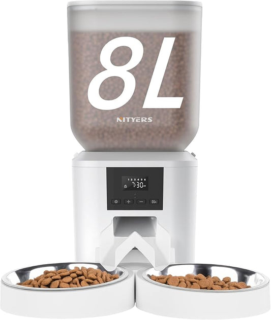 Automatic Cat Feeder for 2 Cats - 8L/34 Cups Large Capacity Auto Food Dispenser with LCD Screen, 2 Food Trays, Timed Cat Feeder, Up to 50 Portions 6 Meals Per Day, Keep Fresh