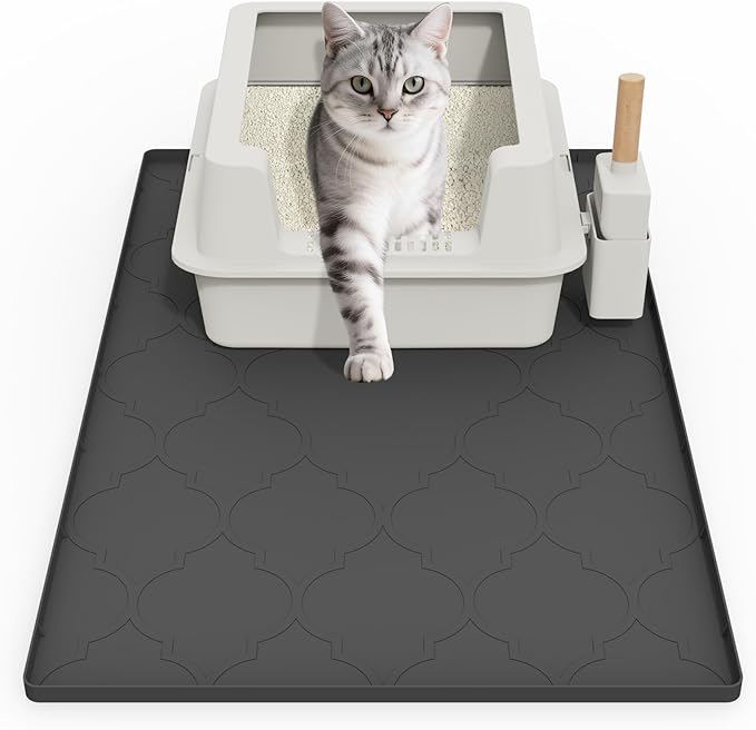 Cat Mat for Litter Box, 34" X 22" Large Silicone Cat Litter Trapping Mat, Easy Clean for Scatter Control, Soft on Kitty Paws, Waterproof, Urine-Proof, Non-Slip Kitty Litter Mat for Floor, Black