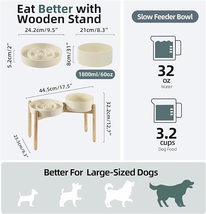 3.2 Cup Ceramic Raised Slow Feeder Dog Bowl Set, Elevated 8.2inch Bowl and 9.5inch Puzzle Slow Food Dish with Wooden Stand for Large Dog, Anti-Gulping (2 x Beige+ Stand)