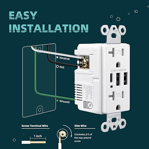 TOPELER USB C Wall Outlet, 6.0Amp 30W Electrical Socket with USB A&C Ports, 20A Duplex Tamper Resistant Receptacle Plug, Screwless Plate Include, UL & FCC Listed, 2 Pack, White
