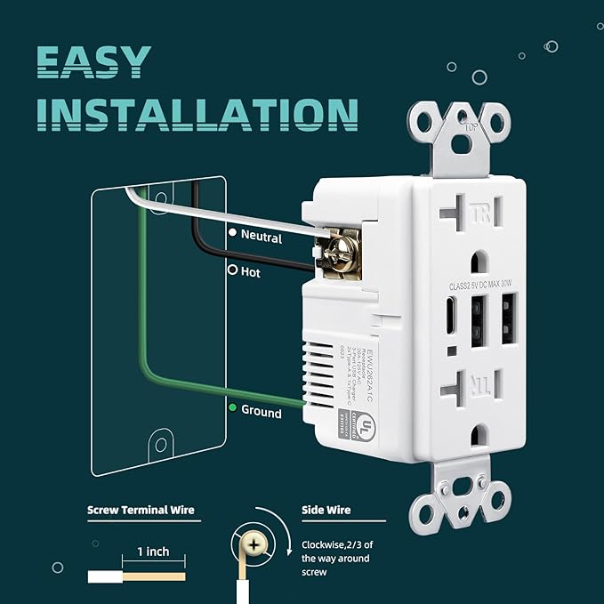 TOPELER USB-C Wall Outlets, 6.0A Charging Power Outlet with 3 USB Ports, 20 Amp Duplex Tamper-Resistant Receptacle Plug, Screwless Plate Include, UL & FCC Listed, White, 4 Pack