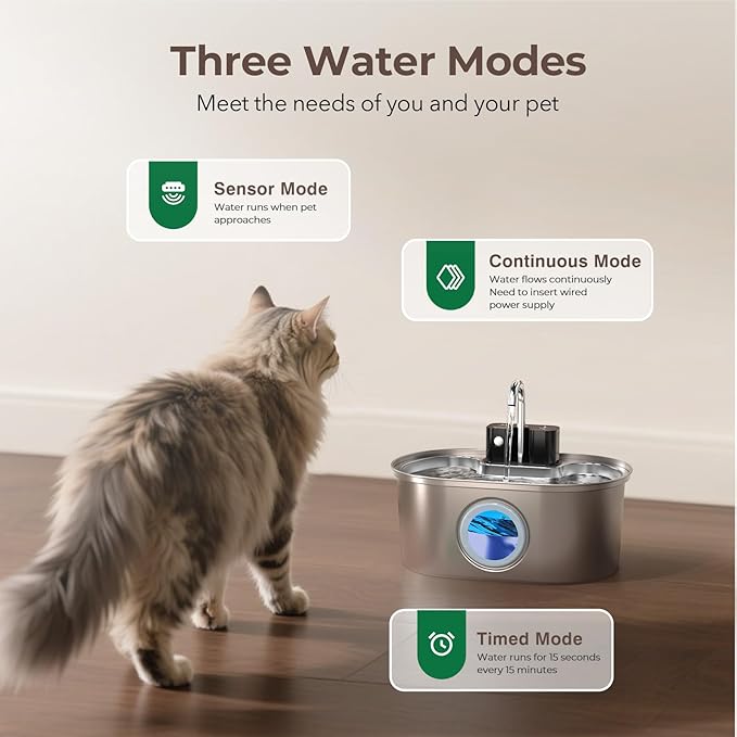 PEKTACO Wireless Cat Water Fountain Stainless Steel, 108oz/3.2L Cordless Battery Operated Pet Water Fountain for Cats Indoor with Quiet Pump, Easy Clean, BPA-Free(3 Filters)