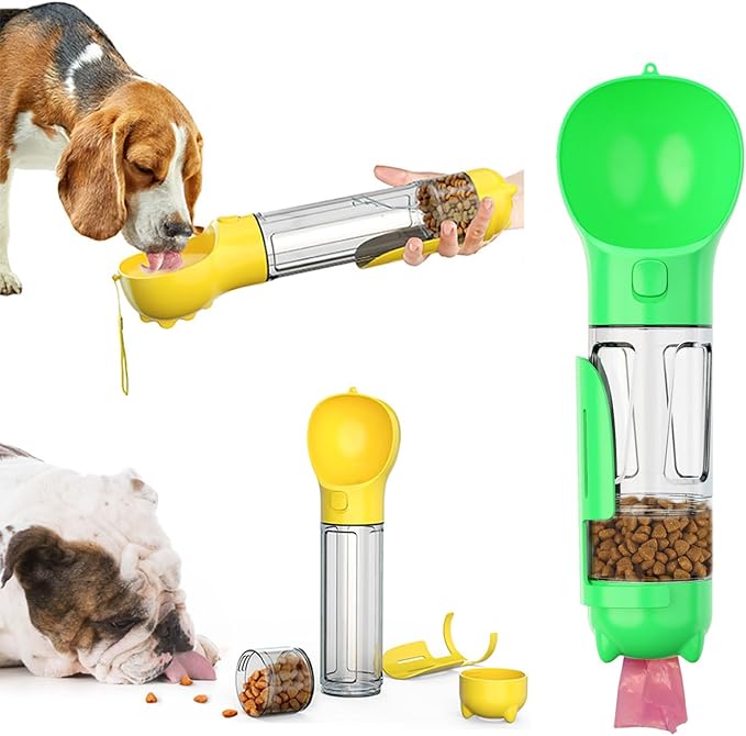 16.9oz Portable Pet Water Bottle Food Container,Travel Drink Feeder Cup Food Dispenser with Poop Shovel 17Pcs Waste Bag,for Dog Pets Walking Hiking (Green, 10.1oz(300ml))