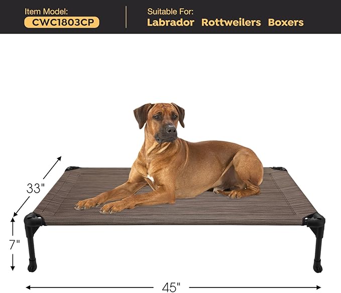 Veehoo Outdoor Elevated Dog Bed Large Sized Dogs, Extra Large Cooling Raised Dog Cots Beds Training Platform Off Ground Hammock with Breathable Mesh, No-Slip Feet, 45"x33", Brown