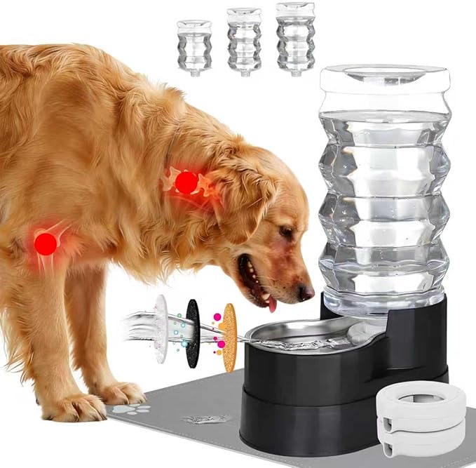 RIZZARI Upgraded Automatic Dog Water Dispenser: 9L Black Gravity Large Stainless Steel Raised Pet Feeder with Filter - Includes 2 Extra Filters & 2 Bottle Caps - Pet Feeder for Dogs Indoor Outdoor