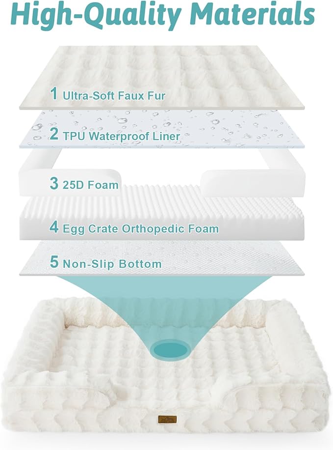 Orthopedic Dog Bed for Large Size Dog, Soft and Warm Faux Fur Extra Large Sofa for Pet Up to 100 lbs, Foam Bolster Anti-Slip Couch with Washable Removable Cover, XL 44x32x7 inch, Beige