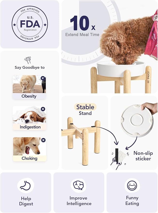 LE TAUCI Ceramic Slow Feeder Dog Bowls Elevated, 1.5 Cups Raised Dog Bowl with Wooden Stand for Small Medium Breed to Slow Down Eating, Puzzle Food Bowl,Angel White