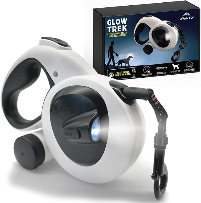 AVANTO Retractable Dog Leash with Flashlight, 16ft Heavy Duty LED Night Safety Leash for Dogs up to 110lbs – 360° Tangle-Free, USB Rechargeable Light, Waste Bag Dispenser, One-Hand Brake & Lock