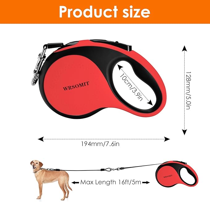Retractable Dog Leash with Chew Proof Cable and LED Flashlight, 16Ft Heavy Duty Dog Leash for Medium Large Dogs up to 110lbs, 360° No Tangle (Red+16ft+LED)