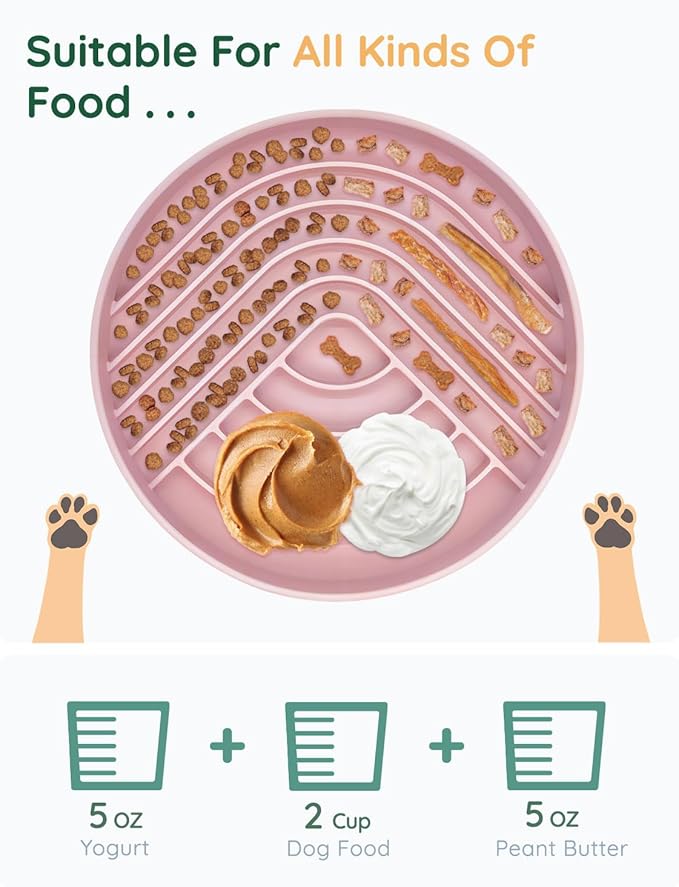 Slow Feeder Dog Bowls, Slowdown Bowl - Silicone Dog Feeding Bowls with Suction Cups for Puppies, Modern Lick Mat Design, Reduces Gulping, Dishwasher Fit, Mealtime Challenge, 7.5" x 1.3" Pink