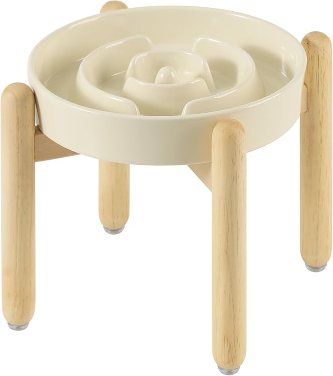 Ceramic 1.6 Cup Raised Slow Feeder Dog Bowl Set, Elevated Wooden Stand for Medium and Large Dog, 8.2inch Puzzle Slow Dish, Anti-Gulping(Beige, Single Bowl+ Stand)