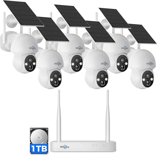 Hiseeu Solar Camera Wireless Outdoor, Home Security Camera System, 2.4G & 5G WiFi, Solar-Powered 4MP 6 Cam-Kit, Color Night Vision, 360° View, Pan & Tilt, 1TB HDD, No Subscription