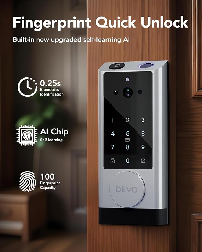 Devo G1 Video Smart Lock with Camera&Doorbell,6-in-1 Keyless Entry Door Lock with App Remote,Fingerprint ID,Auto Locks,Built-in Wi-Fi Smart Deadbolt for Front Door,Easy Install,Waterproof,BHMA Grade 3