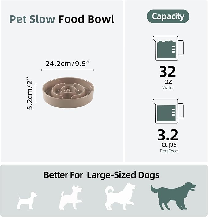 Ceramic 3.2 Cup Slow Feeder Dog Bowl for Large Dog, 9.5inch Puzzle Food Dish, Anti-Gulping, Stop Bloat, Preventing Choking (Single Bowl-Brown Coffee)