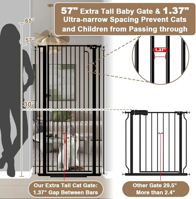 57" Extra Tall Pet Gate for Cats Dogs-29.5"-33.8" Extra Wide Cat Gate for Doorways and Stairs-1.37" Ultra Narrow Spacing Pressure Mounted Dog Gate with One-Handed Operation(29.5"-33.8")