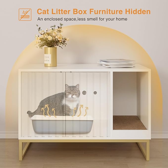 Litter Box Enclosure, Modern Cat Litter Box Furniture Hidden Litter Box with Scratch Pad, Cat Washroom House End Table, Entryway Bench for Livingroom (White)