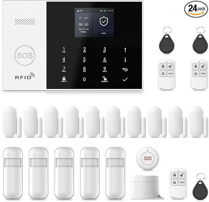 Home Alarm System Wireless,Wireless Security System with 4G SMS/Phone App Alerts,Door Alarms,Motion Detector,Compatible with Alexa&Google for Home,24Psc DIY Kit,No Monthly Fee