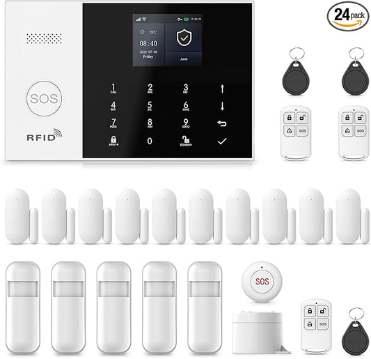 Home Alarm System Wireless,Wireless Security System with 4G SMS/Phone App Alerts,Door Alarms,Motion Detector,Compatible with Alexa&Google for Home,24Psc DIY Kit,No Monthly Fee