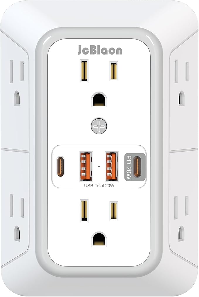 JcBlaon Multi Plug Outlet Surge Protector, Wall Charger with 6 Outlet Splitter with 4 USB Ports(PD 20W), 3-Sided 1050J Surge Protector Power Strip for Home Office Dorm Room Essentials