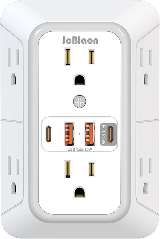 JcBlaon Multi Plug Outlet Surge Protector, Wall Charger with 6 Outlet Splitter with 4 USB Ports(PD 20W), 3-Sided 1050J Surge Protector Power Strip for Home Office Dorm Room Essentials