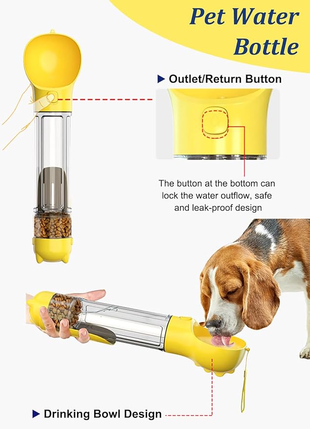 16.9oz Portable Pet Water Bottle Food Container,Travel Drink Feeder Cup Food Dispenser with Poop Shovel 17Pcs Waste Bag,for Dog Pets Walking Hiking (Yellow, 16.9oz(500ml))