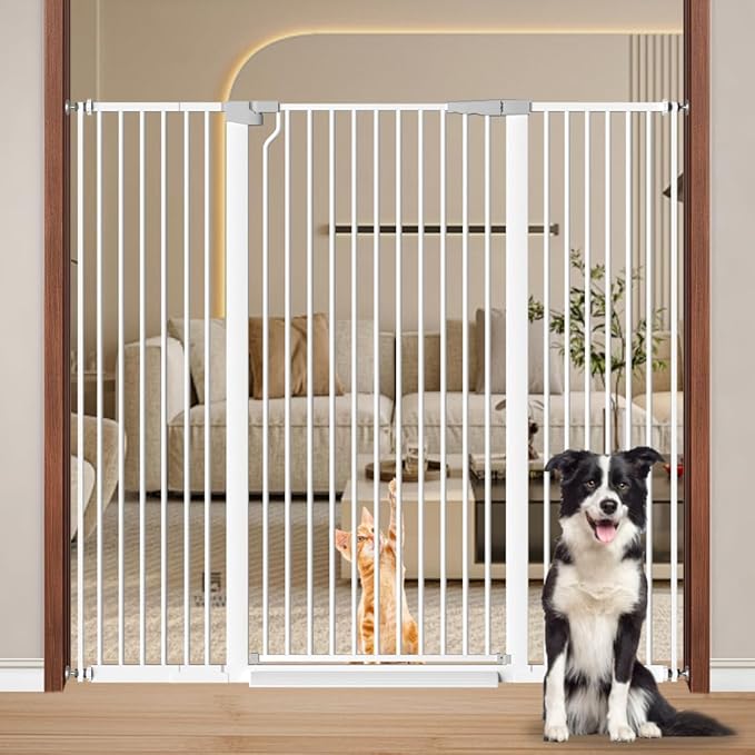 Fairy Baby 51.18" Extra Tall Pet Gate for Doorways, 48.5"-56.2" Extra Wide Long Baby Gate for Stairs, Metal Pressure-Mounted Walk-Through Dog Gate, Auto Close Safety Child Gate Indoor Use, White