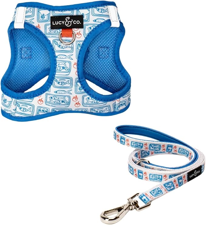 Lucy & Co. Tinned Fish Step-in Cat Harness & Leash Bundle – Reflective, Breathable & Adjustable Harness for Cats, Kittens & Small Dogs, Lightweight & Secure and Dual Leash Clips – Medium