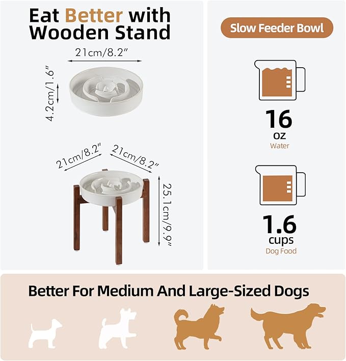 Ceramic 1.6 Cup Raised Slow Feeder Dog Bowl Set, Elevated Acacia Wood Stand for Medium and Large Dog, 8.2inch Slow Dish, Stop Bloat(Single Bowl+ Stand, Reactived Glaze -White)
