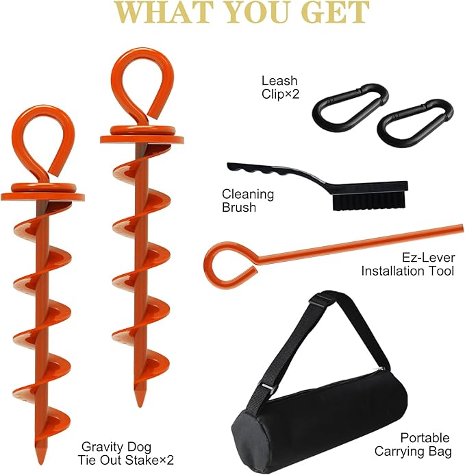 Eurmax USA Heavy Duty Dog Tie Out Stake for Large Dogs up to 210 lbs,Dog Stakes for Outside,Ground Anchor for Dog Leash,Runner Cable, and Pet Gadget Dog Accessories Trampoline Stakes(2,Medium,Orange)