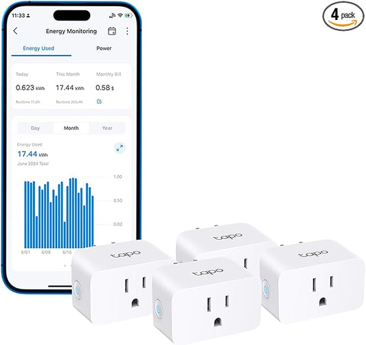 TP-Link 𝗧𝗮𝗽𝗼 Smart Plug Wi-Fi Mini, Energy Monitoring, Compatible with Alexa & Google Home & Samsung SmartThings, Timer, 15A/1800W Max, ETL Certified, 2.4G Wi-Fi Only, Tapo P115(4-Pack)