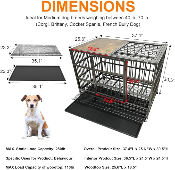 54/48/42/38 Inch Heavy Duty Funiture Dog Crate with Wheels, Indestructible and Escape Proof Wooden Kennel Indoor for High Anxiety Dogs with Lockable Weels and Tray, Extra Large XL XXL
