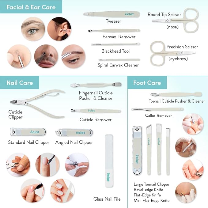 Éclat Manicure Pedicure Kit for Men & Women, 18Pcs Finger & Toe Nail Care Tools Includes Nail Clipper Cutter, Tweezer, File, Cuticle Pusher, Personal Care Professional Grooming Set With Travel Case