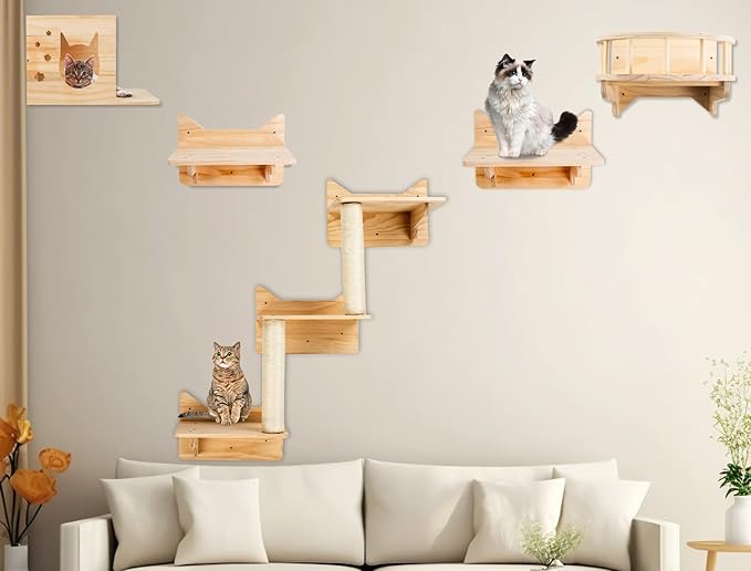Cat Wall Shelves for Large Cats – 9-Piece Wooden Wall-Mounted Cat Shelves Set, Kitty Climbing System with Perches, Scratching Post & Condo House