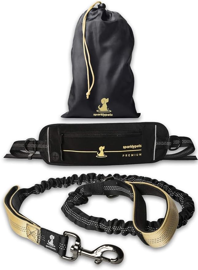 SparklyPets Hands Free Dog Leash for Medium and Large Breeds – Professional Harness with Reflective Stitches for Training, Walking, Jogging and Running Your Pet (Premium Gold Champagne, for 1 Dog)