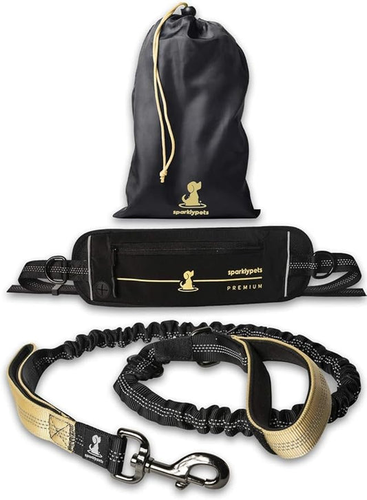 SparklyPets Hands Free Dog Leash for Medium and Large Breeds – Professional Harness with Reflective Stitches for Training, Walking, Jogging and Running Your Pet (Premium Gold Champagne, for 1 Dog)
