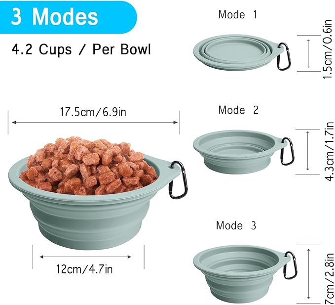 PetBonus 2-Pack Large Silicone Collapsible Dog Bowls, 34oz/1000ml BPA Free Portable Foldable Travel Bowl for Pet Cat, Food Water Feeding Dish for Camping with 2 Carabiners (Turquoise, Tan)