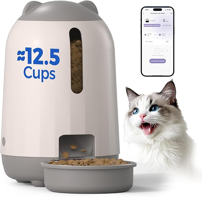 PAPIFEED Automatic Cat Feeder, 2.4G WiFi Auto Cat Food Dispenser with App Control, 3L Auto Pet Feeder with Dual Power Supply, Detachable for Easy Clean for Cats and Small Dogs, Grey