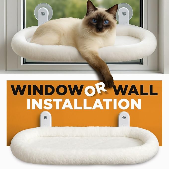 Cat Window Perch – Strong 6 Suction Cup Cat Hammock Bed That Holds up to 50 lbs with Washable Reversible Cover, Sturdy Metal Frame for Indoor, Window or Wall Mounted Perch (White)