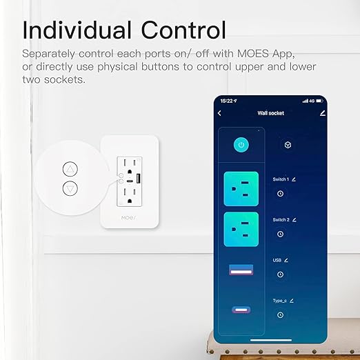 MOES Smart USB Wall Outlet Receptacle with Type-C & Type-A Charger, 2.4GHz Wi-Fi in-Wall Plug Socket 4 Pack, Remote Individual Control On/Off 15Amp, NO Hub Required