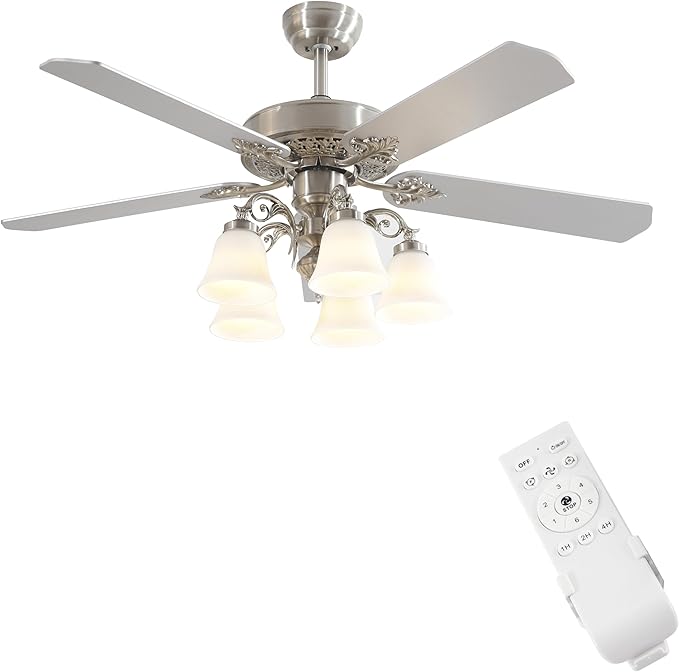 FINXIN Indoor Ceiling Fan Light Fixtures LED 52 Ceiling Fans for Bedroom,Living Room,Dining Room Including Motor,Light,3/5-Blades,Remote Switch (Brushed Nickel)