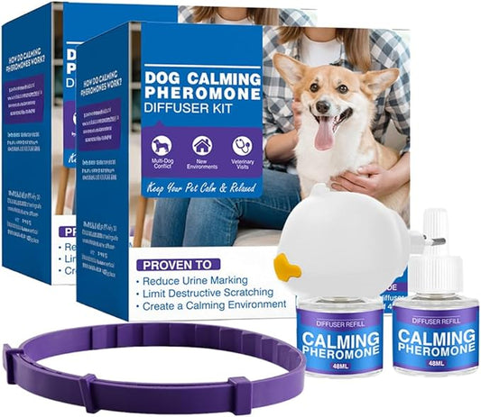 Dog Calming Home & Travel Kit – 2 Plug-in Diffusers + Adjustable Dog Collar, Gentle Non-Drug Support to Help Dogs Feel More at Ease Indoors & Outdoors – Daily Comfort for All Breeds