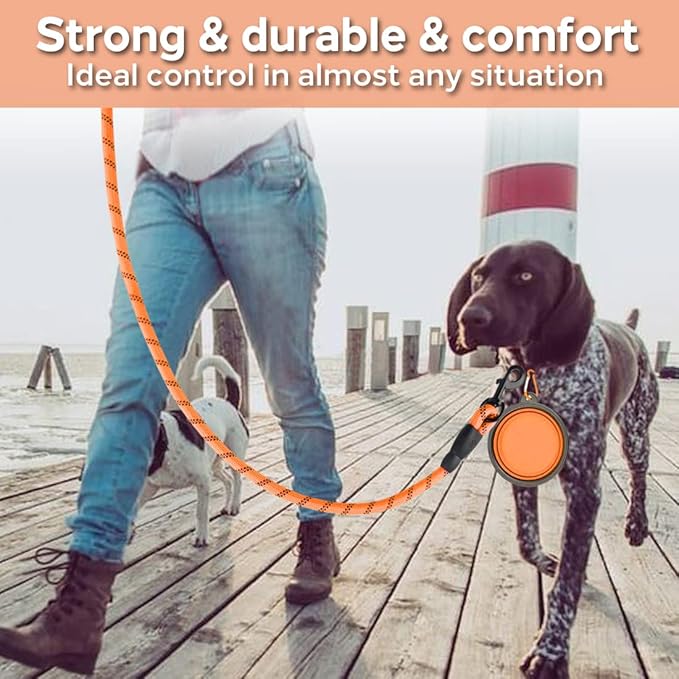 COOYOO 2 Pack Dog Leash 6 FT Heavy Duty - Comfortable Padded Handle - Reflective Dog Leash for Medium Large Dogs with Collapsible Pet Bowl Set 7-Black+Orange