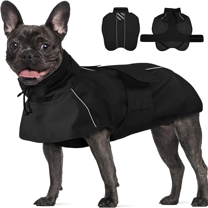 Dog Raincoat, Waterproof Dog Rain Jacket with Convertible Hood/Collar, Adjustable Belly-Protect Rain Coat for Meidum Dogs Poncho Reflective (Black, M)