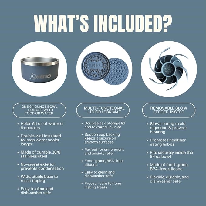 Slow Feeder Dog Bowl with Premium Lick Mat Lid | Heavy Duty Stainless Steel Dog Bowls | Silicone Slow Feeder Insert | Non-Slip & Durable | 64 oz | Medium to XL Dogs (Steel Gray)