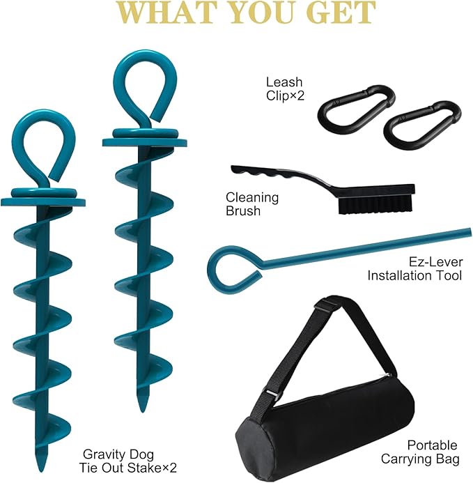 Eurmax USA Heavy Duty Dog Tie Out Stake for Large Dogs up to 210 lbs,Dog Stakes Outside,Ground Anchor for Dog Leash,Runner Cable,Trampoline Stakes(2,Medium,Navy Blue)