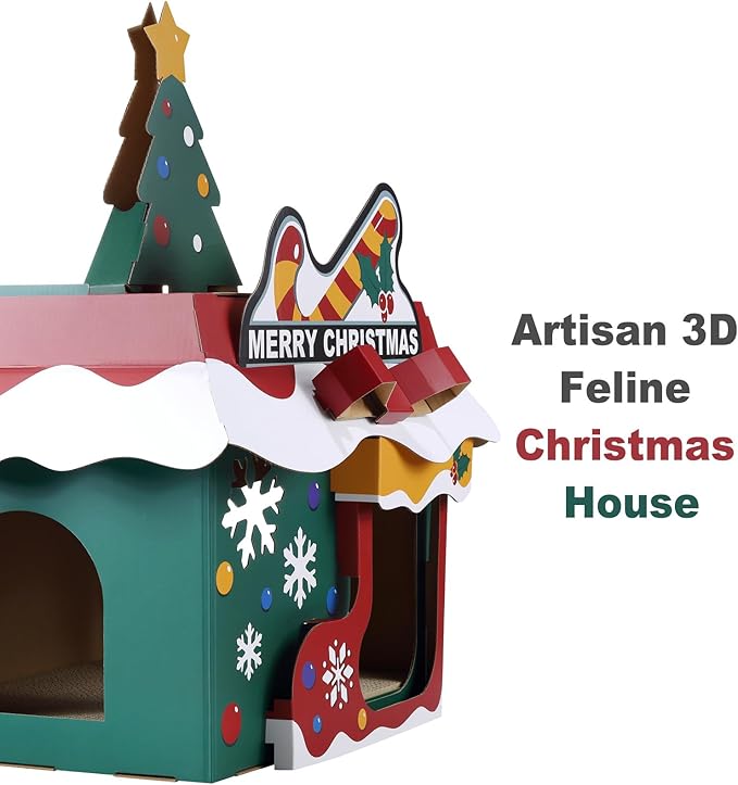 Cardboard Cat House with Scratcher – Christmas Cottage Design, 19''L x 17''W x 22''H, Festive Indoor Cat Playhouse & Hideout for Cats up to 22 lbs, Corrugated Scratch Pad & Holiday Home Décor