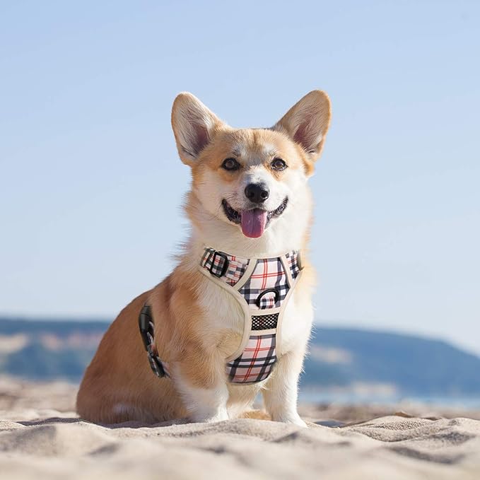 PoyPet Plaid Dog Harness, No Pull Front Clip Pet Vest Harness, Soft Padded Reflective Adjustable Walking Harness with Handle for Large Medium Small Dogs(Checkered Beige,XL)