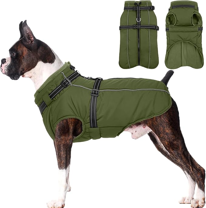 Lelepet Waterproof Dog Jacket with Harness Built in Warm Dog Winter Coat, Reflective Fleece Jacket, Dogs Coats for Lage Dogs, Thermal Pet Snowsuit for Outdoor Walking, French Bulldogs, Army Green, L