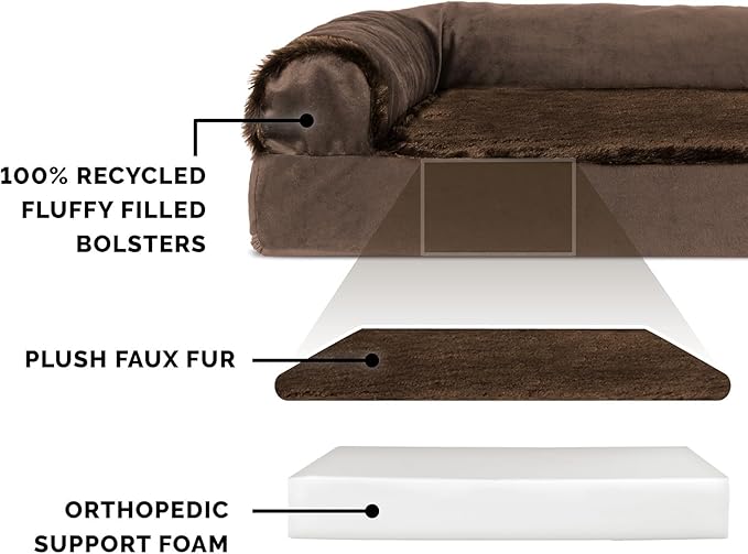 FurHaven Orthopedic Dog Bed & goDog Toy - Squeaky Plush Fat Rooseter with Chew Guard Technology for Large Dogs - Plush & Velvet L Shaped Chaise - Sable Brown, Jumbo Plus/XXL